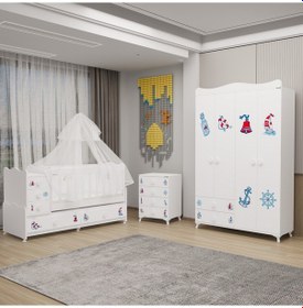 Resim Melina Yıldız 4 Kapaklı Bebek Odası + Yatak + Uyku Seti - Denizci Beyaz 