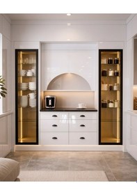 Resim Lüks High Gloss Mutfak Dolabı & Kahve Köşesi - %100 Mdf Gövde, Led Aydınlatmalı, 6 Çekmeceli 190x230 Parlak Beyaz 