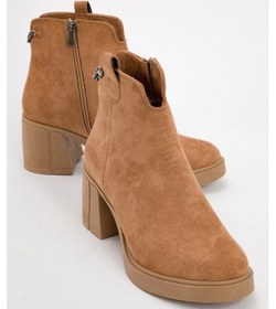 Resim Mier Taba Süet Zincir Detaylı Kadın Kalın Topuklu Bot Taba Süet 