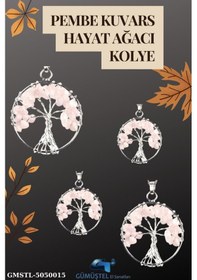 Resim Sertifikalı Doğal Taş Pembe Kuvars Hayat Ağacı Tasarım Kolye Sürpriz Hediyeli 5x5 Cm Çok REnkli 