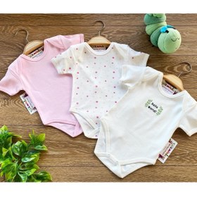 Resim Renkli Puset 3'lü Pamuklu Yeni Doğan Bebek Kısa Kollu Çıt Çıtlı Body Zıbın Takım Puan 