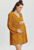 Resim Uzun Kollu Salaş Kısa Bohem Hamile Elbise Sarı - M 