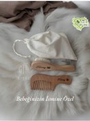 Resim İsme Özel Keçi Kılı Bebek Saç Fırçası Ahşap Şimşir Tarakbebek Set 