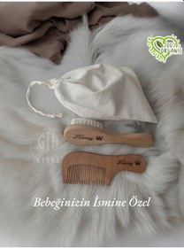 Resim İsme Özel Keçi Kılı Bebek Saç Fırçası Ahşap Şimşir Tarakbebek Set 