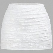 Resim Kadınların Şeffaf Beyaz Çiçek Desenli Dantel Bodycon Maxi Etek - Seksi Büzgülü Şort Tasarımı, Yüksek Belli Kabartmalı Dokuma, Bahar/Yaz/Sonbahar İçin Mükemmel, Semiformal Kıyafet | Çiçek Desenli Dantel Etek | Polyester Kumaş 