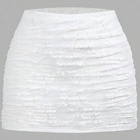 Resim Kadınların Şeffaf Beyaz Çiçek Desenli Dantel Bodycon Maxi Etek - Seksi Büzgülü Şort Tasarımı, Yüksek Belli Kabartmalı Dokuma, Bahar/Yaz/Sonbahar İçin Mükemmel, Semiformal Kıyafet | Çiçek Desenli Dantel Etek | Polyester Kumaş 