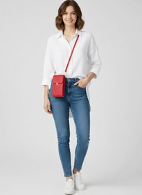 Resim Deriderim Kırmızı Hakiki Deri Çapraz Askılı Telefon Çantası Ve Kartlıklı Fermuarlı Kadın Çanta 