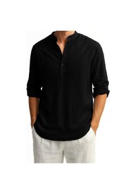 Resim Erkek Uzun Kollu Hakim Yaka Düğmeli Erkek Müslim Gömlek Siyah 