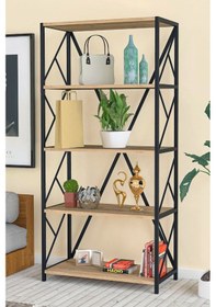 Resim Morpanya Armarse Dekoratif 5 Raf Ahşap Kitaplık Metal Kitaplık Raf Dosya Kitap Rafı Salon Rafı Çam 