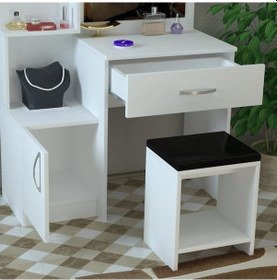 Resim AE-4002 Novella Puflu Aynalı Makyaj Masası, Dolaplı, Çekmeceli, Raflı, Beyaz, Minderli, Tuvalet 