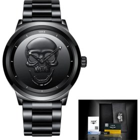 Resim Hanyang Çelik Tüm Siyah 2022 Serin Punk 3D Kafatası Erkekler Izle Marka Lıge Lüks Çelik Kuvars Erkek Saatler Su Geçirmez Retro Moda Altın Siyah Saat Relogio (Yurt Dışından) 