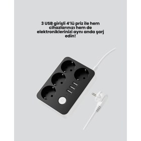 Resim 7 Cihazı Aynı Anda Destekleyen 3 USB Portlu 4’lü Priz 