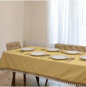 Resim Dnc Home Tekstil Sarı Pamuk Keten Kahverengi Şerit Ponponlu Masa Örtüsü 