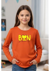 Resim Yuvarlak Yaka Kalp Baskı Detaylı Kız Çocuk Sweatshirt Turuncu 