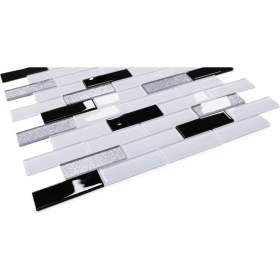 Resim MozaiKristaL Mutfak Tezgah Arası ve Tüm Yüzeyler Için Kristal Cam Mozaik. Cam Ölçüleri: 23X73 Mm. File Karo Ölçüsü: 30X30 Cm. Renk: Beyaz-Siyah-Gümüş Mix ( 1 Kutu = 11 File Karo =1 M2 Fıyatıdır ) 