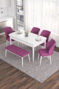 Resim Canisa Concept Eva Serisi 80x132 Açılabilir MDF Mutfak Masası Takımı Beyaz Masa 4 Mor Sandalye 1 Bench 