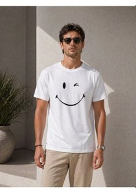 Resim Virelto Erkek Beyaz Gülümseyen Yüz Tasarımlı T-shirt 