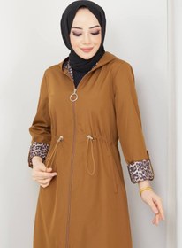 Resim RACE FASHİON Leopar Desenli Bondit Kumaş Beli Lastikli Kapüşonlu Tesettür Trençkot RC1205010 