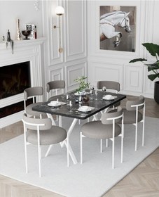 Resim Avvio Larina Beyaz Teddy Sandalye 80x140 Yemek Masası Mutfak Masası 6 Kişilik Masa Sandalye Takımı Siyah Mermer Avvio3007 