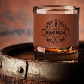 Resim Kişiye Özel Premium Taba Deri Kaplama Viski Bardağı 