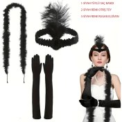 Resim Alvo Store Buğz 1920’LER Tarzı Siyah Tüylü Saç Bandı, Rugan Siyah Eldiven ve Siyah Otri̇ş Seti 