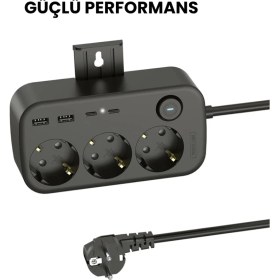 Resim 3’lü Akım Korumalı Priz | 2 USB + 2 Type-C Girişli | Anahtarlı ve Duvara Monte Edilebilir Uzatma Kablosu - Siyah 