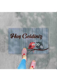 Resim Dijital Baskılı Kapı Önü Paspas Hoşgeldiniz Yazılı Çiçek Desen Ve Kedi Iç Ve Dış Kapı Yıkanabilir Mavi 