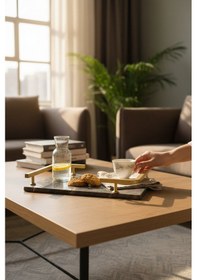 Resim Akayev Mermer Antrasit Mat Altın L Dizayn 30x20 Cm Tepsi Antrasit 