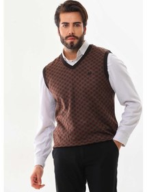 Resim Pelikan Erkek V Yaka Desenli Süveter 7623 Kahverengi 
