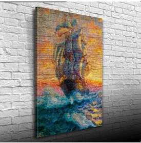 Resim Turuncu Ve Mavi Tonlarda Yelkenli Kadırga Kanvas Tablo 50 X 70 