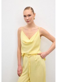 Resim Sateen Degaje Yaka Dökümlü Bluz - Sarı-136693 Sarı 