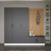Resim Minar Kale Dekor Panel 3 Kapaklı 1b Raf Portmanto + Ayakkabılık Minderli Beyaz Antrasit 