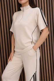 Resim chize Kadın Oversize Şerit-Biye Detaylı Yarım Fermuarlı Modal Kumaş Eşofman Takımı 