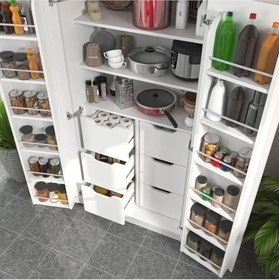 Resim ZEYTUNHOME 165 Derece Açılabilir 2 Kapaklı, 6 Çekmeceli, Kavanoz Raflı Kiler ve Erzak Mutfak Dolabı (BEYAZ) 
