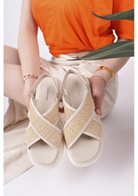 Resim Muggo Elisha Lastikli Kadın Günlük Hasır Sandalet Ten 