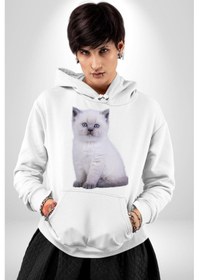 Resim Beyaz Yavru Kedi Kadın Erkek Beyaz Kapüşonlu Sweatshirt Hoodie Beyaz 