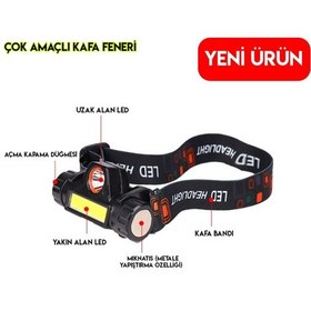 Resim 1200 Lümenli Cob Ledli Şarjlı Kafa Feneri Siyah 
