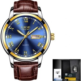 Resim Hanyang Altın Mavi 2022 Lıge Iş Deri Moda Su Geçirmez Kuvars Izle Erkek Saatler Üst Marka Lüks Erkek Tarih Saat Relogio Masculino (Yurt Dışından) 