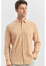 Resim İmza Turuncu Uzun Kollu Gofreli Biyeli %100 Pamuk Casual Slim Fit Dar Kesim Gömlek 1004240247 Turuncu 