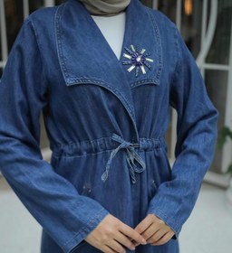 Resim Beli Bağcıklı Yakası Taşlı Kot Kap Açık Mavi - STANDART 
