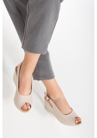 Resim Dilimler Ayakkabı Dolgu Taban Burun Ve Arka Açık Ortopedik Suni Deri Bej Kadın Dolgu Topuk Ayakkabı-2784-bej 