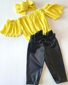 Resim Özge Başaran Kız Çocuk, Likralı Deri Fiyonk Detaylı Pantolon, Sarı Straplez Crop Bluz Ve Saç Sarı 