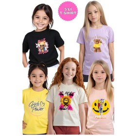 Resim Panios Kids 5'li Power-no More-emoji-be Cute-don't Worry Baskılı Kız Çocuk Tişört Çok Renkli 