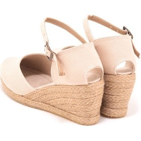 Resim Gerçek Elişi Bej Bilekten Bantlı Topuğu Açık Keten Espadril Dolgu Topuk Handmade Bej 
