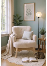 Resim Azra Mobilya Modern Bej Teddy Kumaş Rahat Berjer Tekli Koltuk Yumuşak Dokulu, Ahşap Ayaklı Bej 