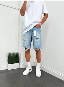 Resim Boyfriend Yırtık Detaylı Baskılı Kot Kapri Şort Mavi 