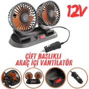 Resim Araç İçi Vantilatör 360 Dönebilen Torpido Üstü Çift Başlıklı Vantilatör 12v Uyumlu Çakmaklık Girişli Soğutucu Fan 