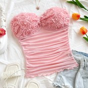 Resim Kadınların Pembe Askısız Korse Üstü - Seksi Ruched Bant ile Çiçek Detayı, Yaz Düz Renk Korse Günlük veya Formal Giyim için, Yaz Giyim | Ruched Korse | Askısız 