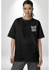 Resim Chihuahua Köpek Siyah Oversize Unisex Ön Sol Yan Minimal Baskılı Tişört Koyu Siyah 