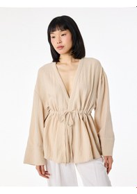Resim Koton Pamuklu Uzun Kollu Beli Bağlamalı Müslin Kimono Vizon 6sak50035uw 